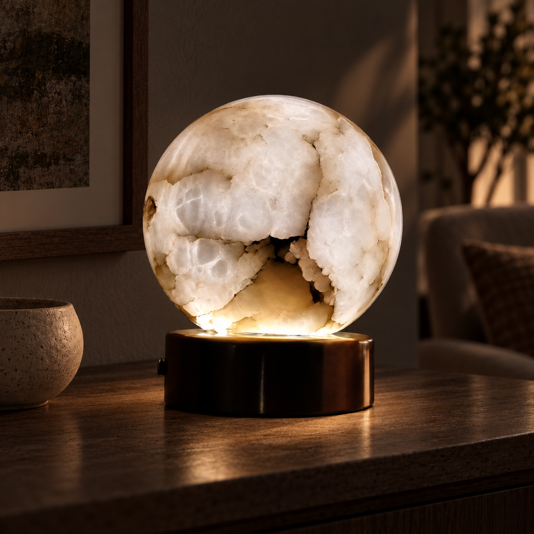 A glowing white agate crystal sphere lamp on a dark metallic base, sitting on a wooden table in a dimly lit living room.