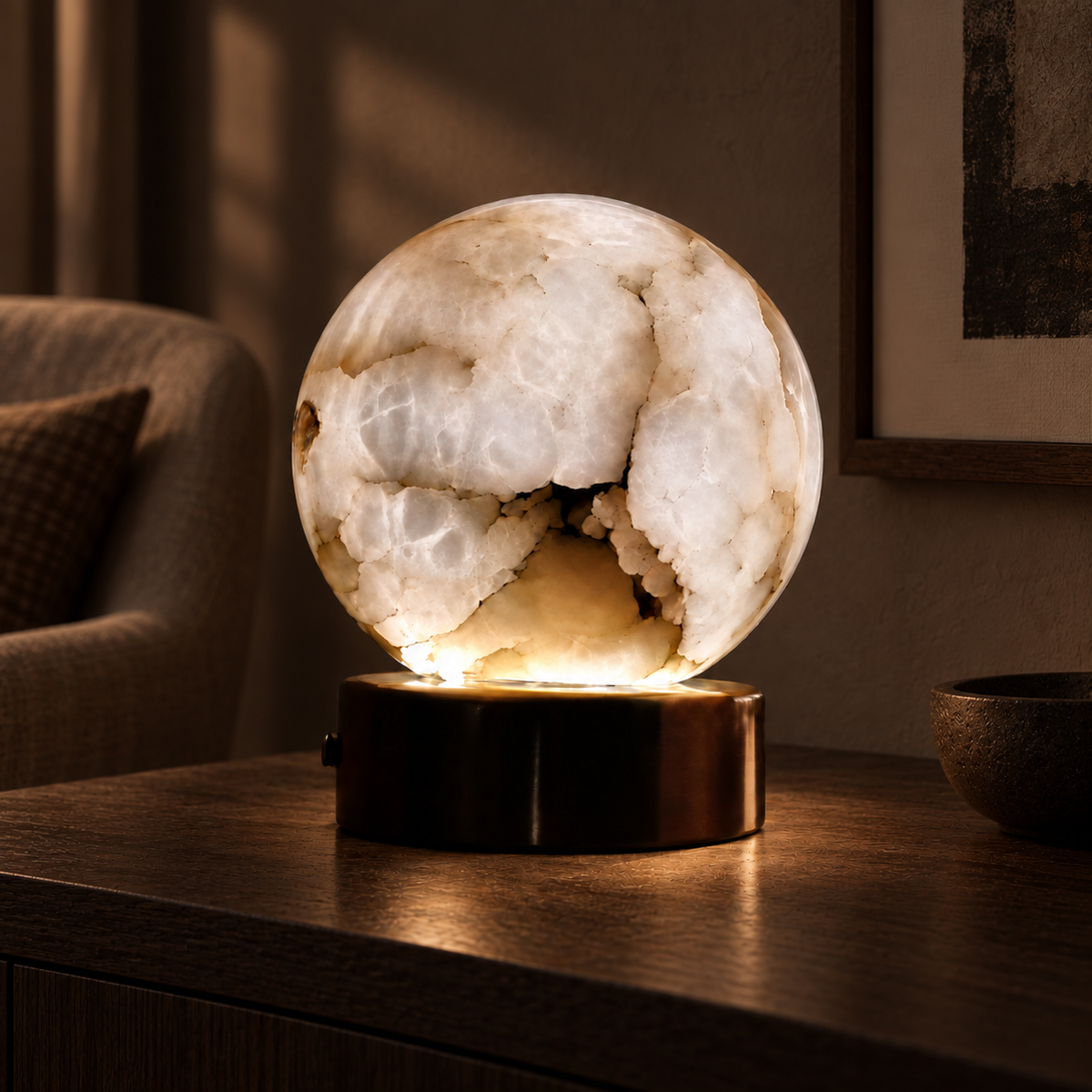 A glowing onyx crystal sphere lamp resting on a polished dark metal base, placed on a wooden table in a dimly lit, modern living room setting.
