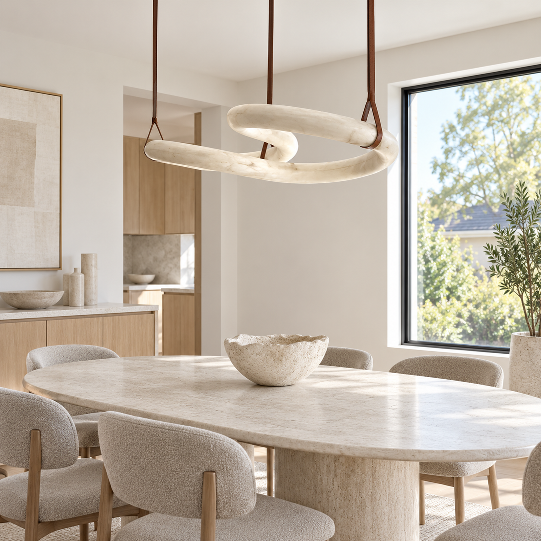 Cream alabaster double-ring chandelier hangs from brown leather straps above an oval dining table beside a large window.