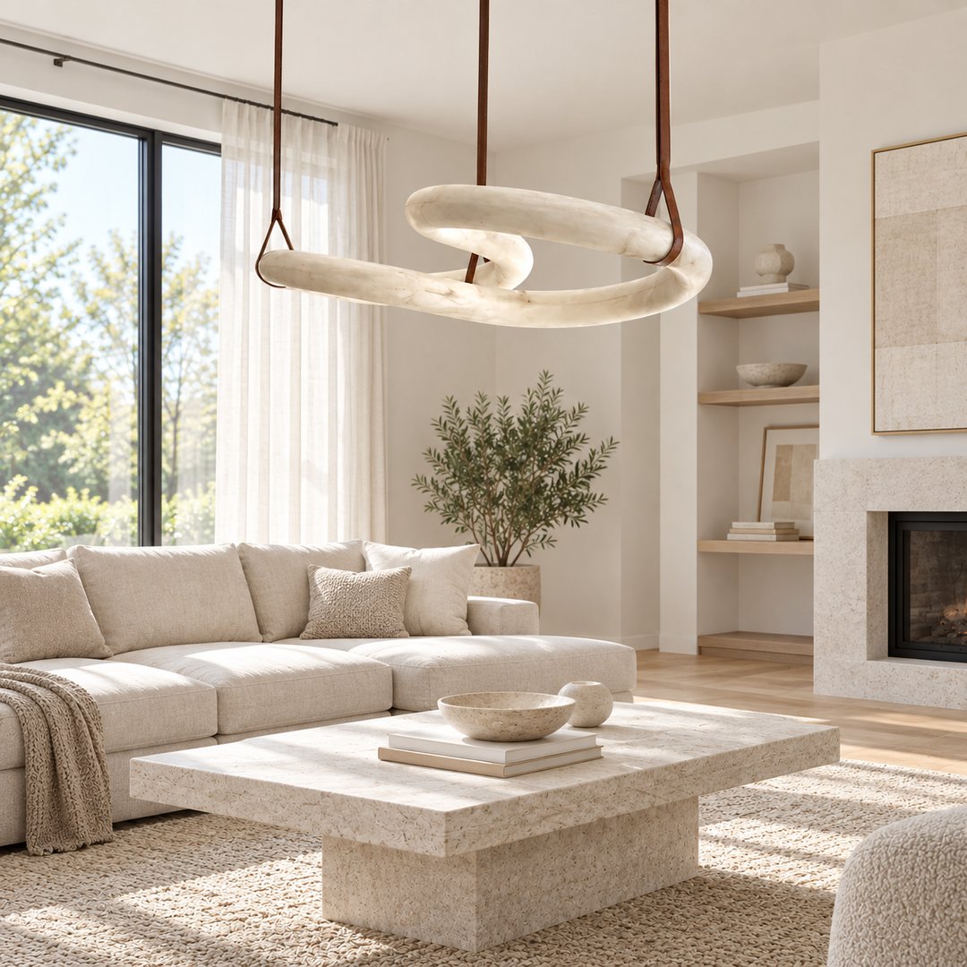 Cream alabaster double-ring chandelier hangs from brown leather straps above a stone coffee table in a bright living room.