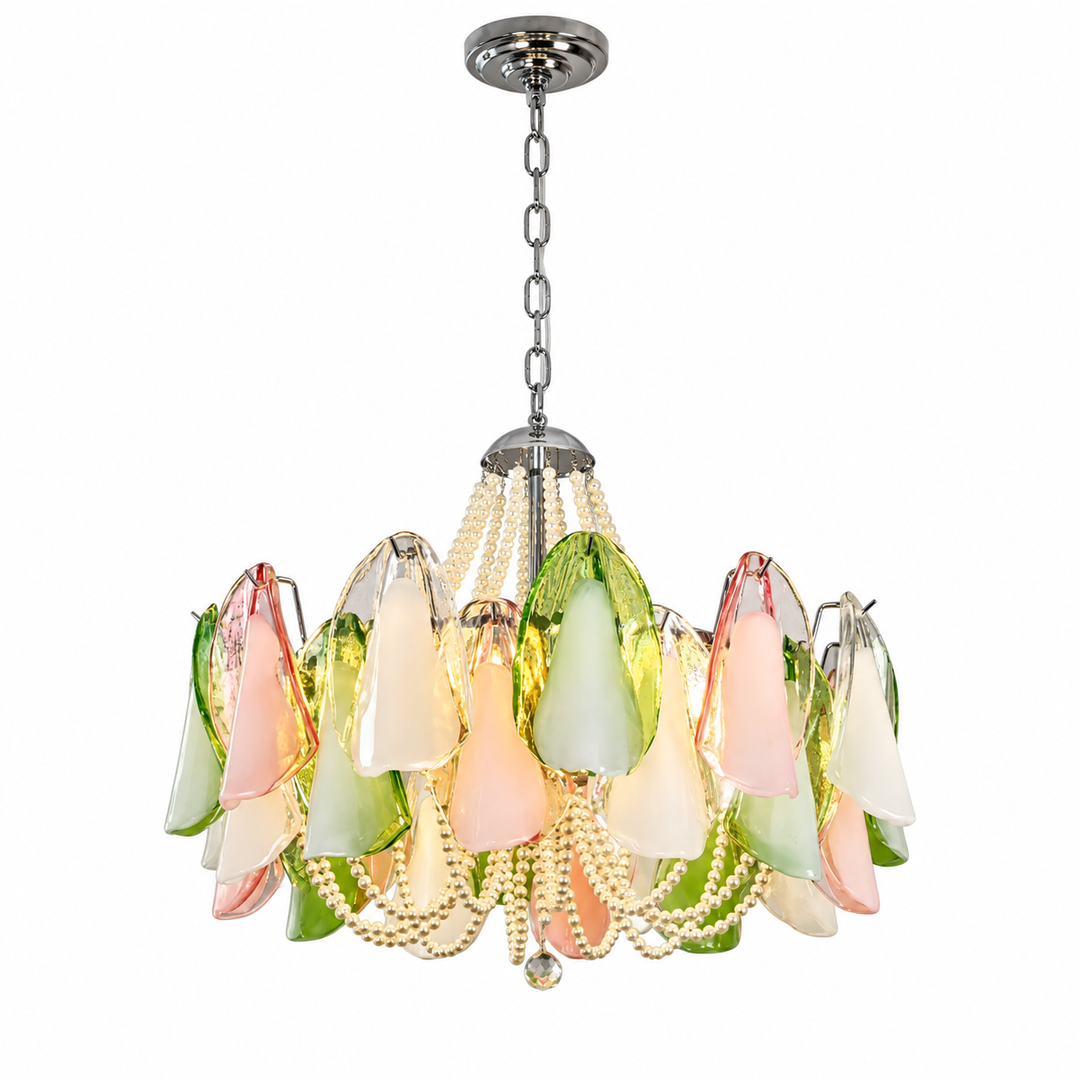 A multi-light chandelier featuring a silver-toned metal frame, chain, and ceiling canopy, adorned with translucent glass shades in pastel pink, green, and white, accented by strands of clear glass beads.