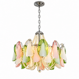 A multi-light chandelier featuring a silver-toned metal frame, chain, and ceiling canopy, adorned with translucent glass shades in pastel pink, green, and white, accented by strands of clear glass beads.