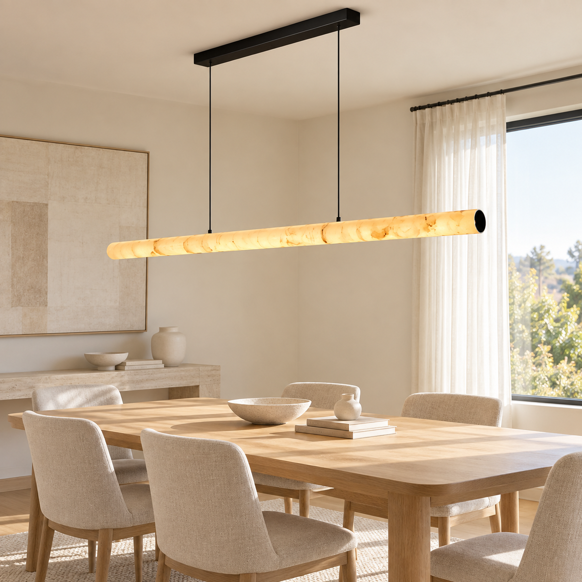 A modern linear pendant light with a warm glowing bubble or shell-like textured glass shade hangs over a light wood dining table in a bright, minimalist dining room with beige chairs and neutral decor.
