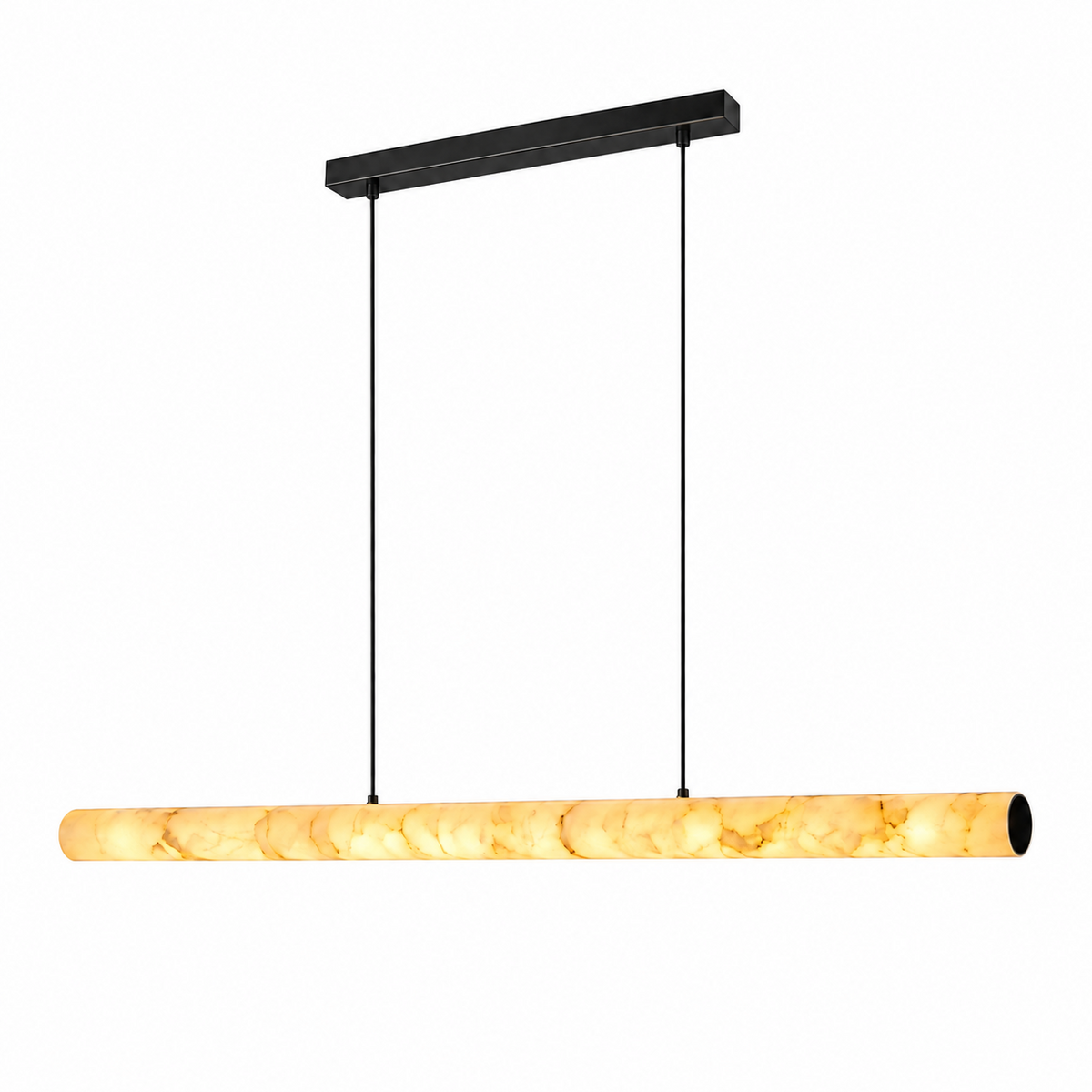 A modern linear pendant light with a warm yellow-orange marbled stone or acrylic shade and a matte black ceiling canopy and suspension rods, shown against a plain white background.