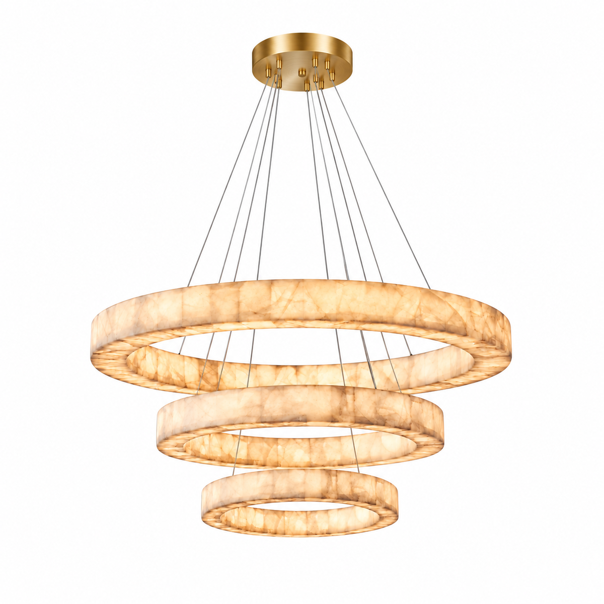 Three-tier alabaster ring chandelier glows warm cream beneath a brushed gold canopy against a white background.
