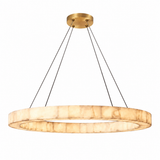 Single alabaster ring chandelier with cream stone veining hangs from four dark cables beneath a gold canopy against a white background.