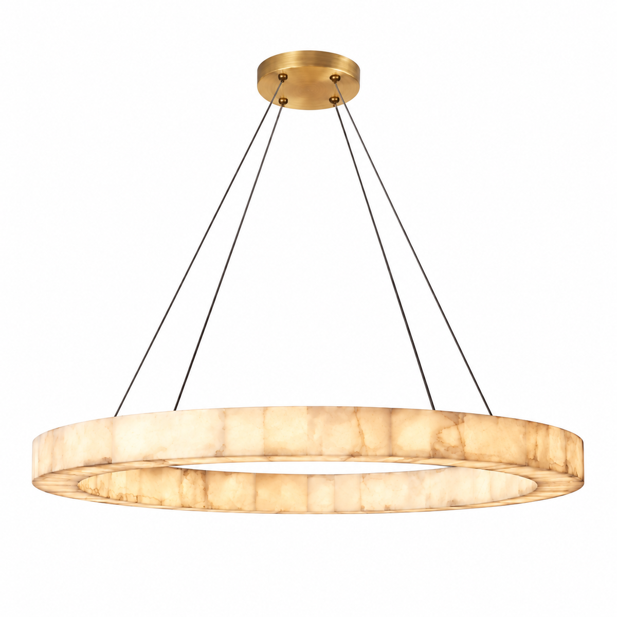 Single alabaster ring chandelier with cream stone veining hangs from four dark cables beneath a gold canopy against a white background.