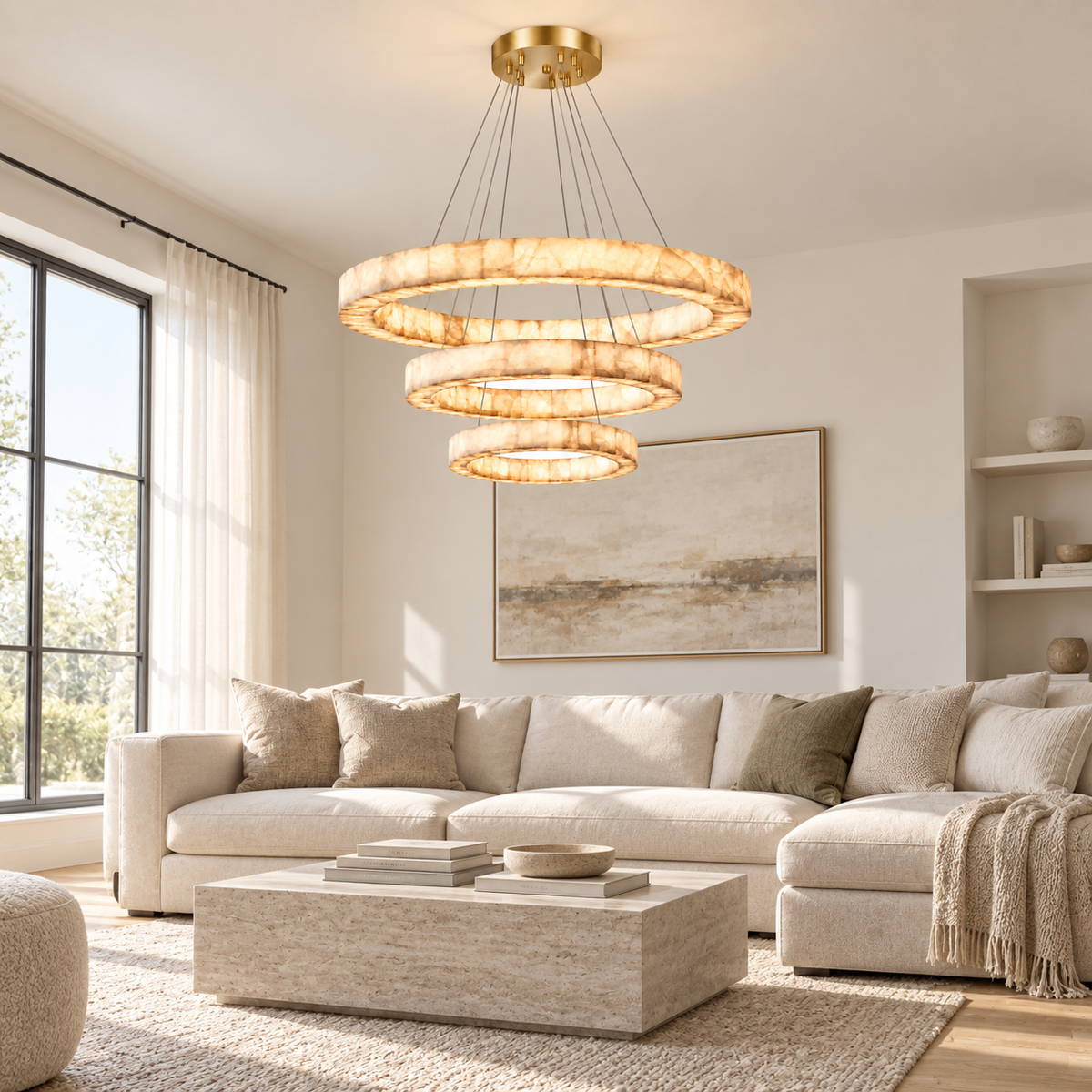 A modern multi-tiered circular chandelier with a warm gold finish and glowing textured glass rings, hanging in a bright, contemporary living room with a beige sectional sofa and light wood coffee table.