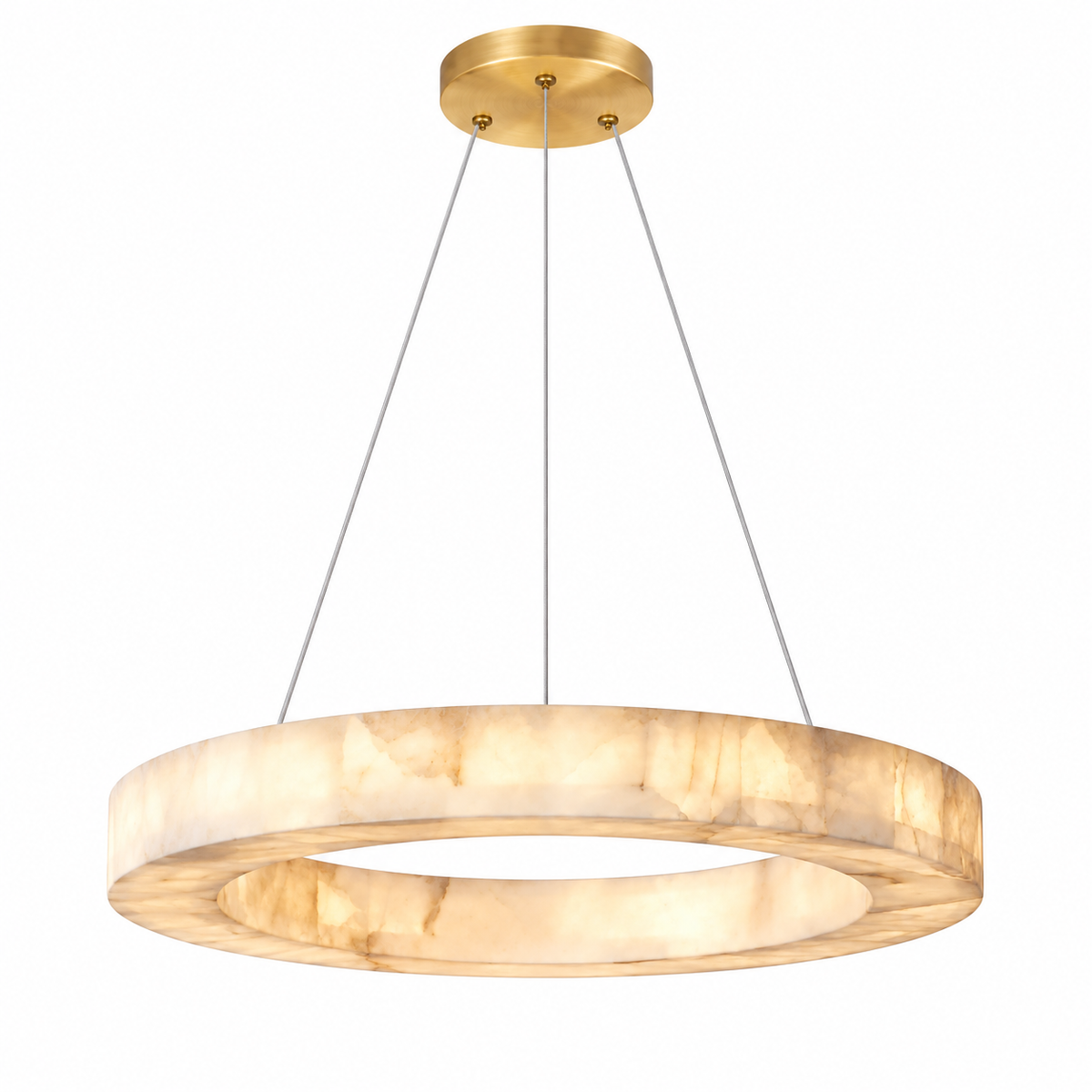 Single alabaster ring chandelier hangs from three cables beneath a brushed gold canopy against a white background.