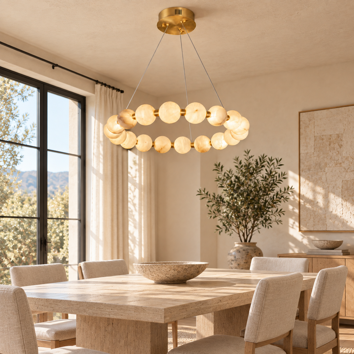 An alabaster ring chandelier with gold-tone metal hangs above a rectangular dining table in a sunlit room with cream upholstered chairs.
