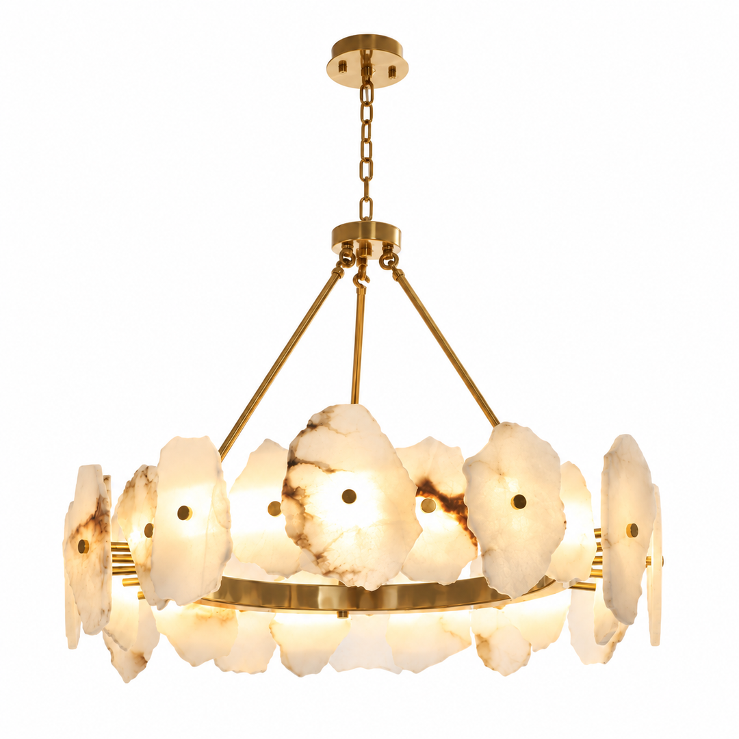 A modern multi-light chandelier with a brushed gold metal frame and circular pendant lights made of natural white agate flakes, shown against a solid white background.
