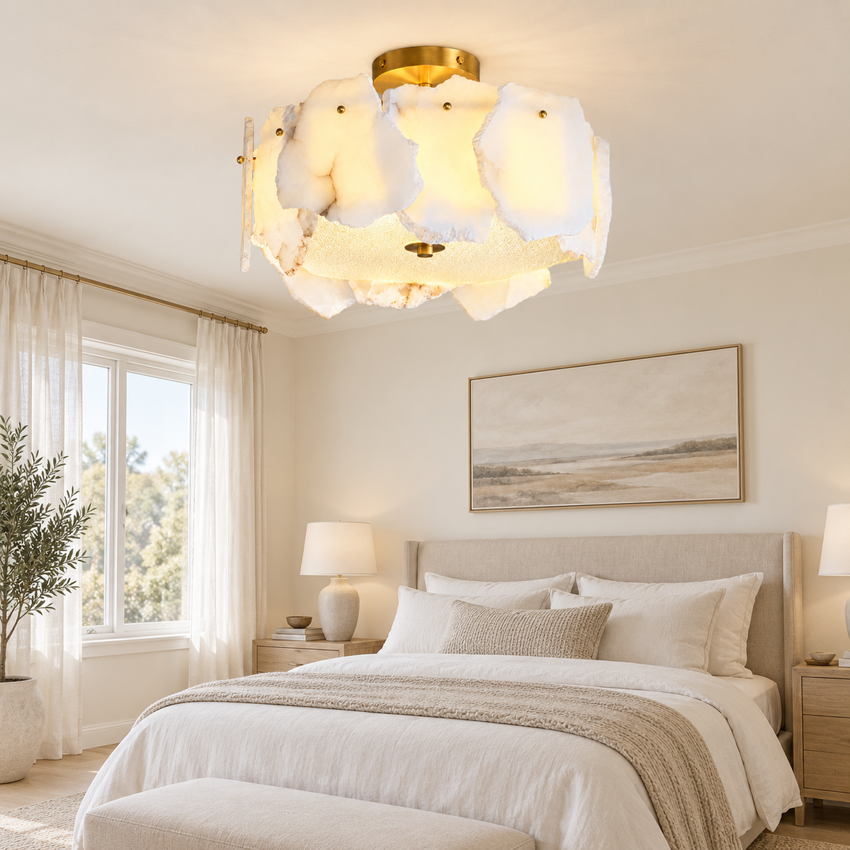 A modern semi-flush ceiling light with a textured, organic white shell-like shade and a gold brass ceiling mount, shown installed in a bright, neutral-toned bedroom.