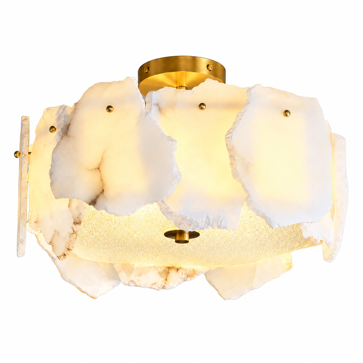 A modern semi-flush mount ceiling light fixture featuring organic, irregular white stone or agate-like shades with a brushed gold brass top canopy and trim.