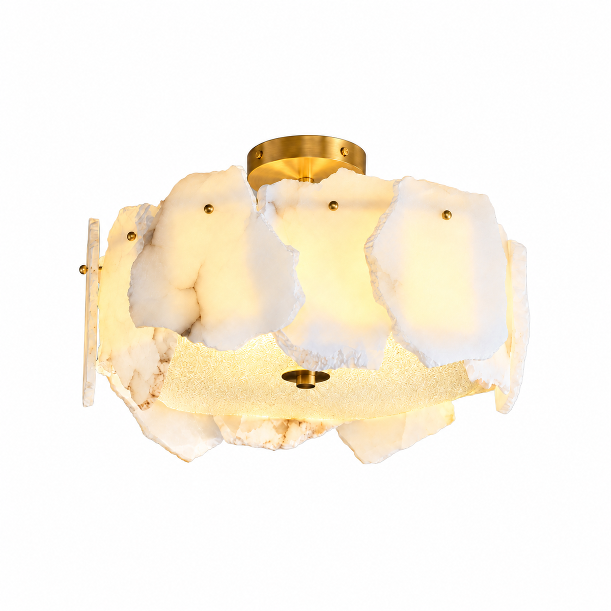 A modern semi-flush mount ceiling light fixture featuring organic, irregular white stone or agate leaf shapes with a warm yellow glow, a textured frosted glass shade, and a brushed gold brass ceiling canopy.