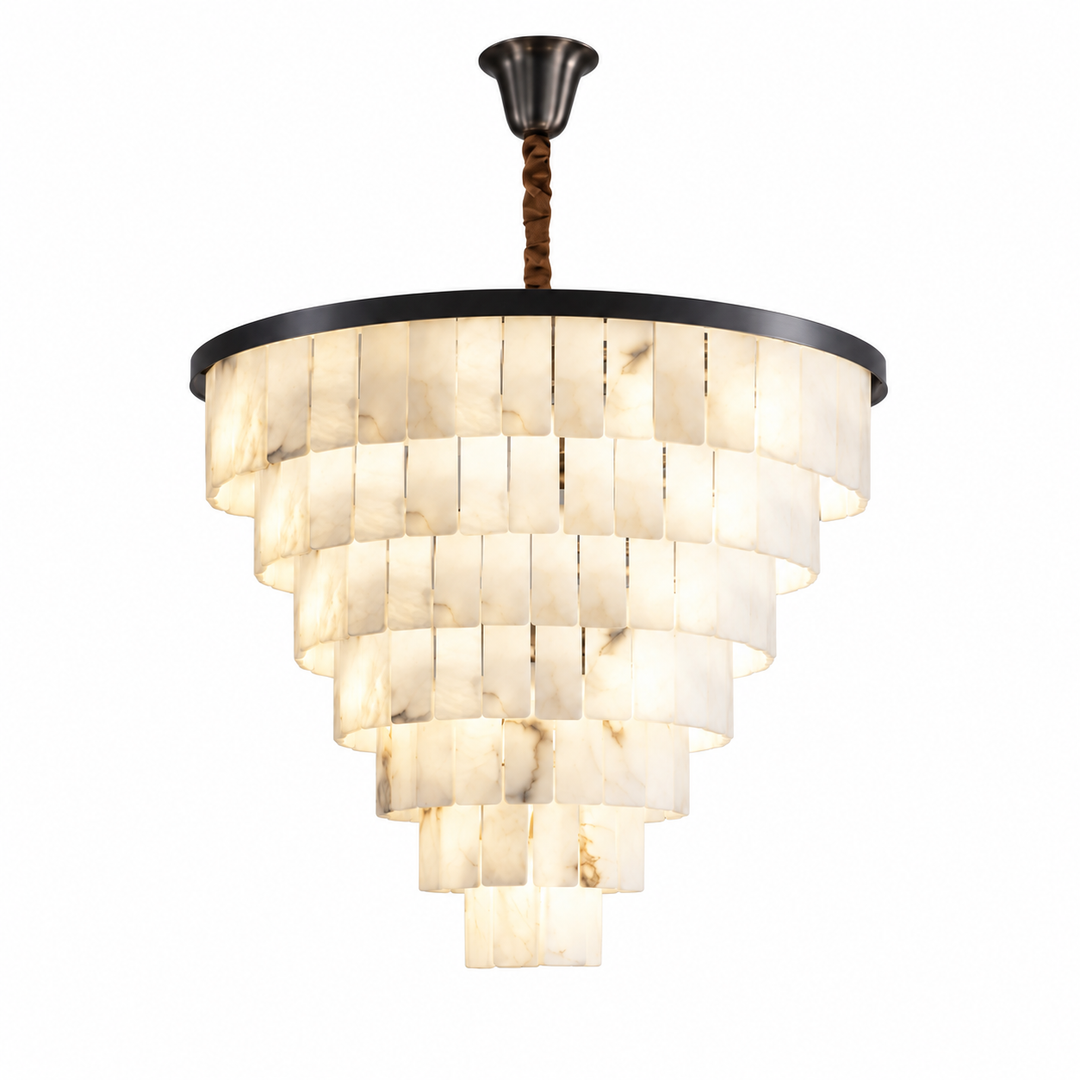 A modern tiered chandelier light fixture with warm white stone or bone disc panels, a black circular frame, and a dark metal ceiling canopy with a brown rope cord, shown on a plain white background.