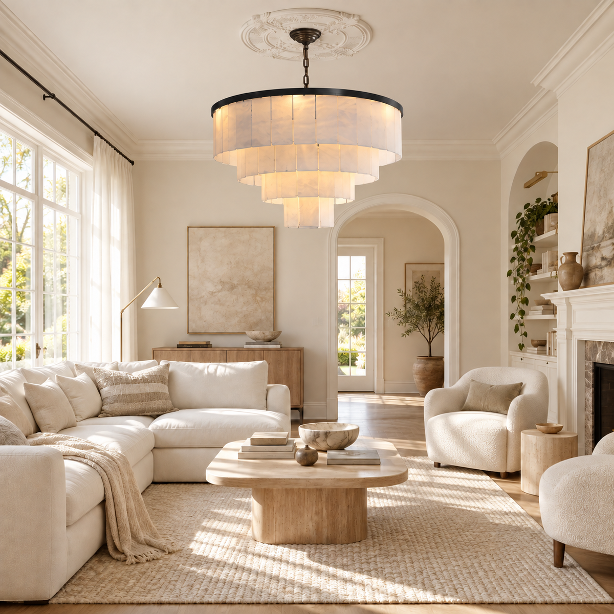 A modern tiered drum chandelier with a black metal frame and warm white fabric shades hangs in a bright, elegant living room with cream furniture and natural light.