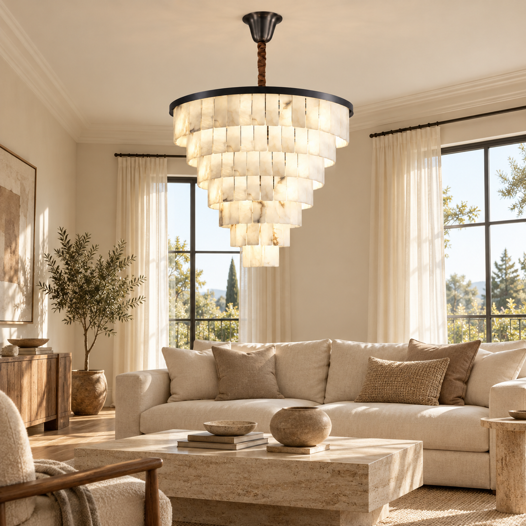 A modern tiered chandelier with a black metal frame and warm white glass or acrylic discs hangs in a bright, neutral-toned living room with a sofa, coffee table, and large windows.