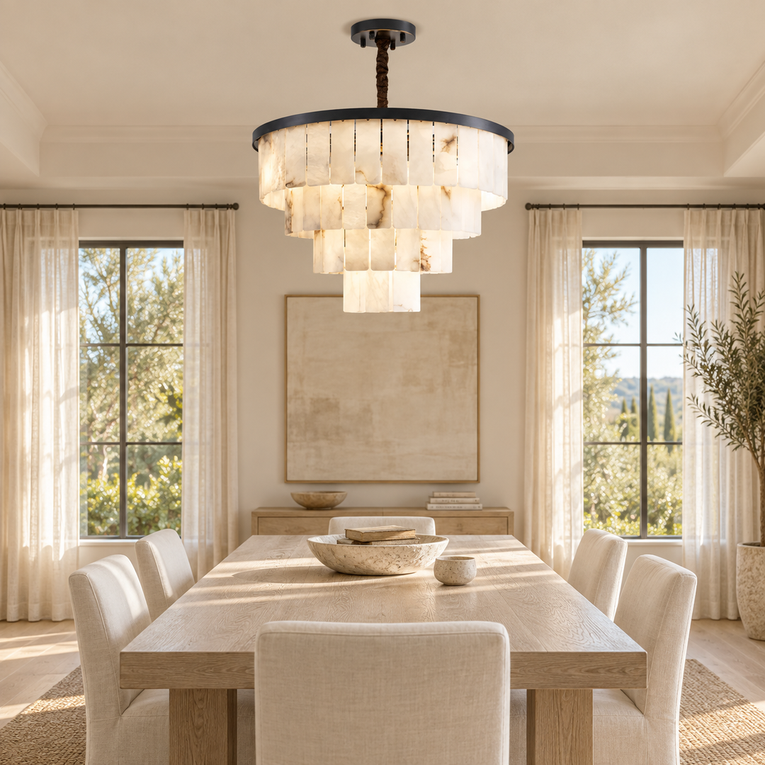A modern multi-tiered chandelier with cream stone or shell-like cylindrical shades and a black top band, hanging in a bright, neutral-toned dining room with a wooden table, chairs, and large windows.