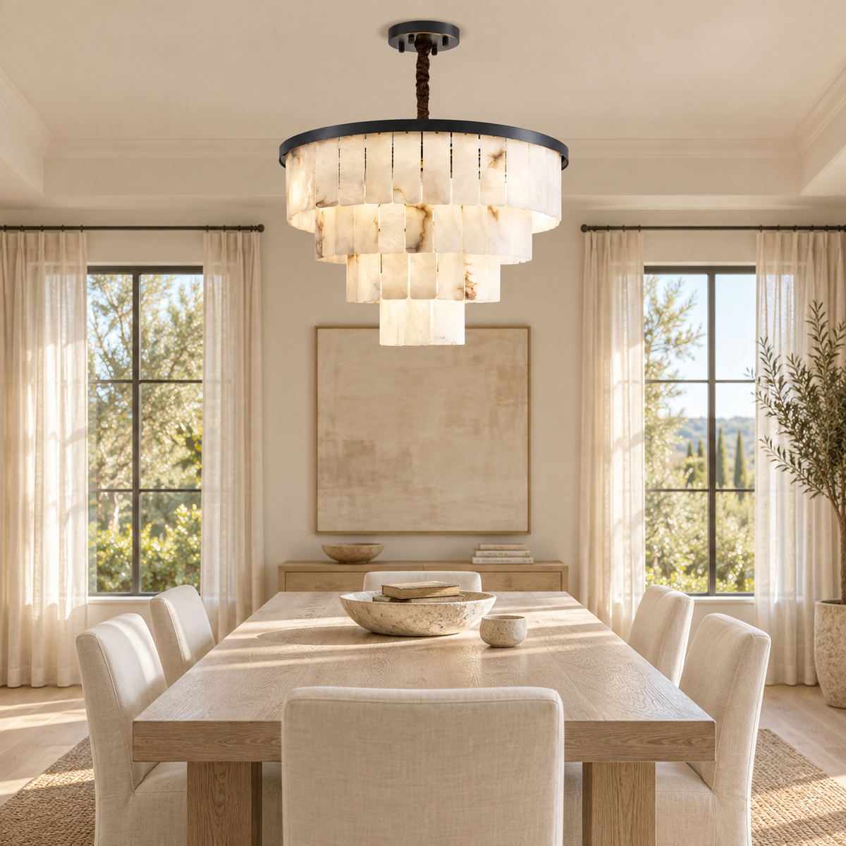 A modern multi-tiered chandelier with cream stone or shell-like cylindrical shades and a black top band, hanging in a bright, neutral-toned dining room with a wooden table, chairs, and large windows.
