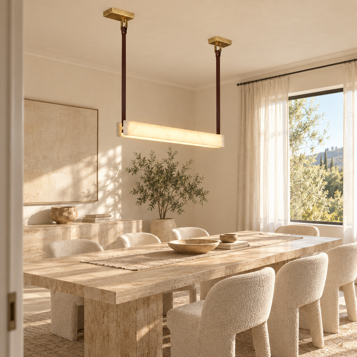 A modern linear pendant light with a warm white illuminated shade and gold-toned hardware hangs over a long wooden dining table in a bright, neutral-toned dining room with textured chairs and large windows.