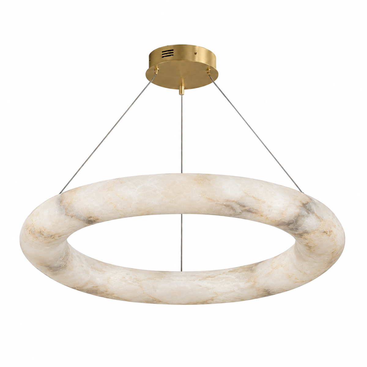 Cream alabaster ring chandelier with beige veining, suspension wires and a brass ceiling canopy against a white background.