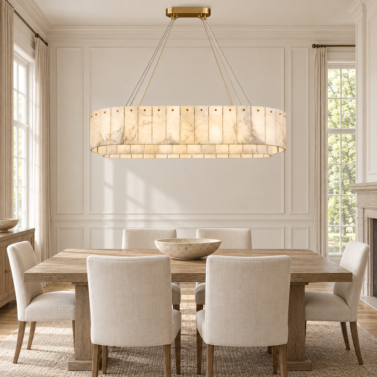 A modern linear chandelier with a warm beige marble-look fabric shade and gold-toned hardware, hanging over a dining table with upholstered chairs in a bright, classic dining room.