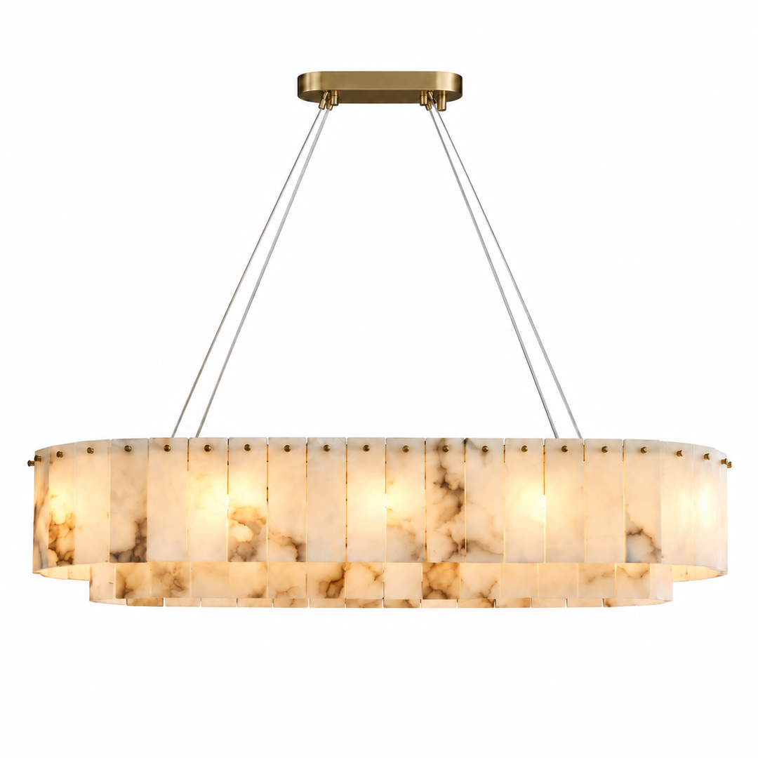 Illuminated oval alabaster chandelier with two tiers of veined cream panels, suspension cables, and a gold-tone ceiling canopy against a white background.