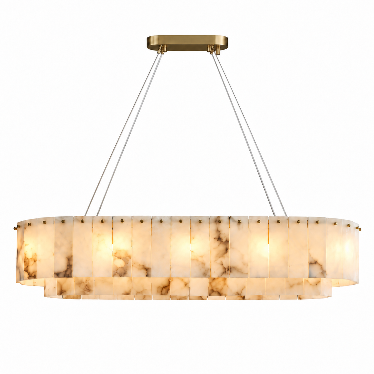 Illuminated oval alabaster chandelier with two tiers of veined cream panels, suspension cables, and a gold-tone ceiling canopy against a white background.