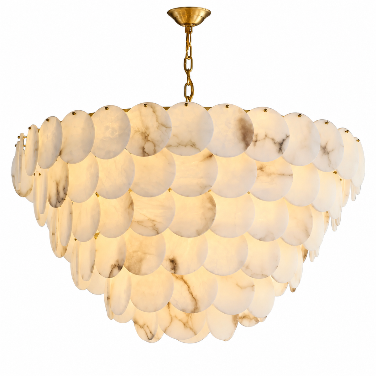 Tiered chandelier with overlapping cream-colored, gray-veined oval panels, warm illumination, and a gold-colored chain against a white background.