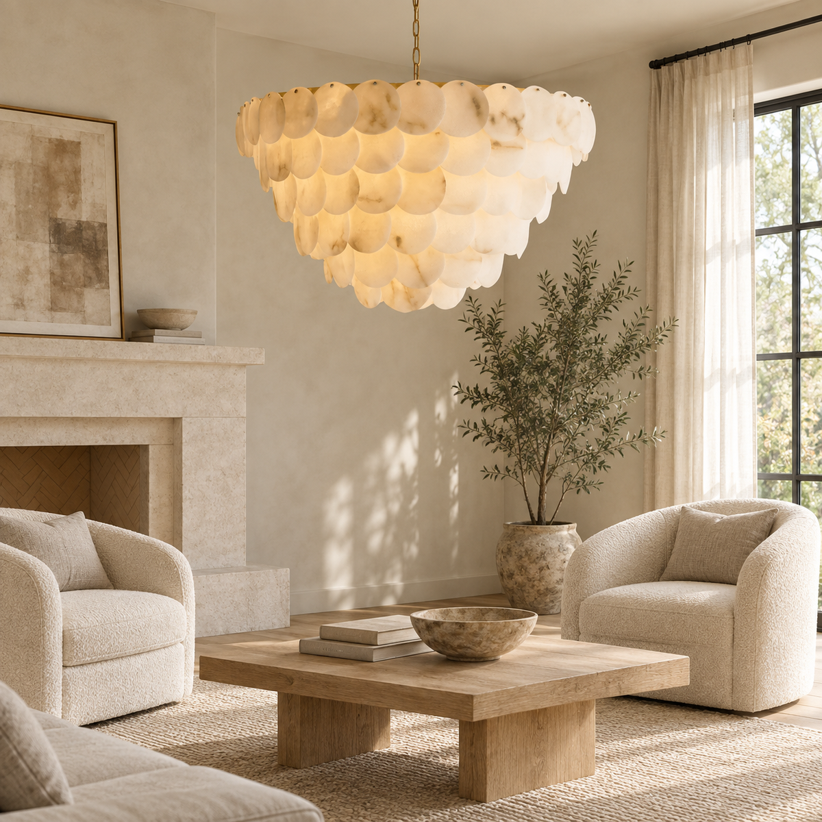 Tiered chandelier with warm glowing alabaster discs hangs above a wooden coffee table in a neutral living room with cream armchairs.