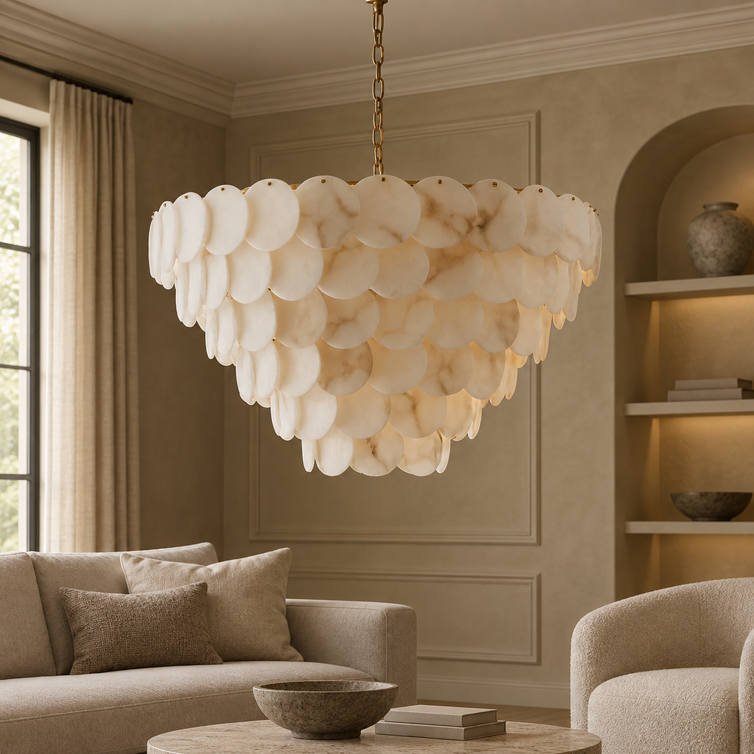 A large chandelier with overlapping oval white and cream stone-like discs hangs in a warm beige living room with a sofa, armchair, and built-in shelves.