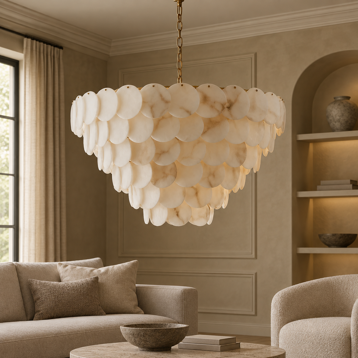 A large chandelier with overlapping oval white and cream stone-like discs hangs in a warm beige living room with a sofa, armchair, and built-in shelves.