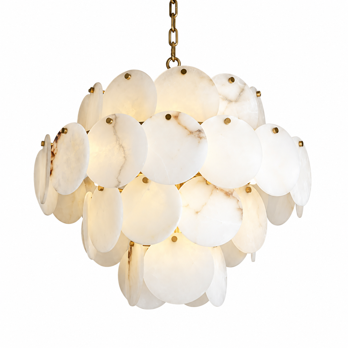 A modern chandelier featuring a cluster of oval white and cream marble discs that glow with warm light, suspended by a gold-toned chain against a solid white background.
