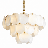 A modern chandelier featuring a cluster of oval white and cream marble discs suspended on a gold-toned metal frame, with a gold chain at the top, shown against a solid white background.