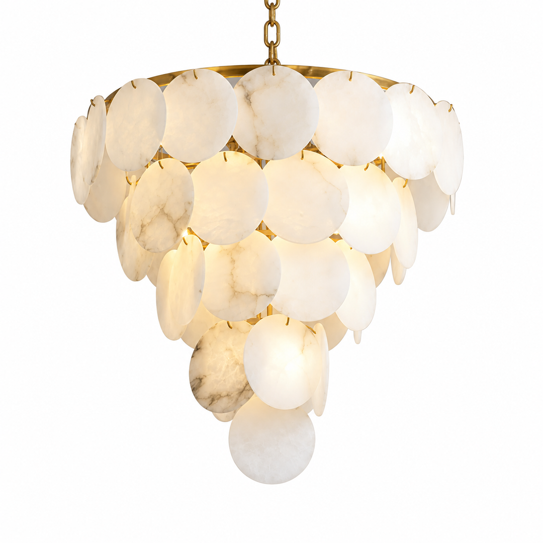 A modern tiered chandelier featuring oval white marble discs suspended from a gold-toned circular frame, with a matching gold chain at the top, shown against a solid white background.