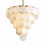A modern tiered chandelier featuring oval white marble discs suspended from a gold-toned circular frame, with a matching gold chain at the top, shown against a solid white background.