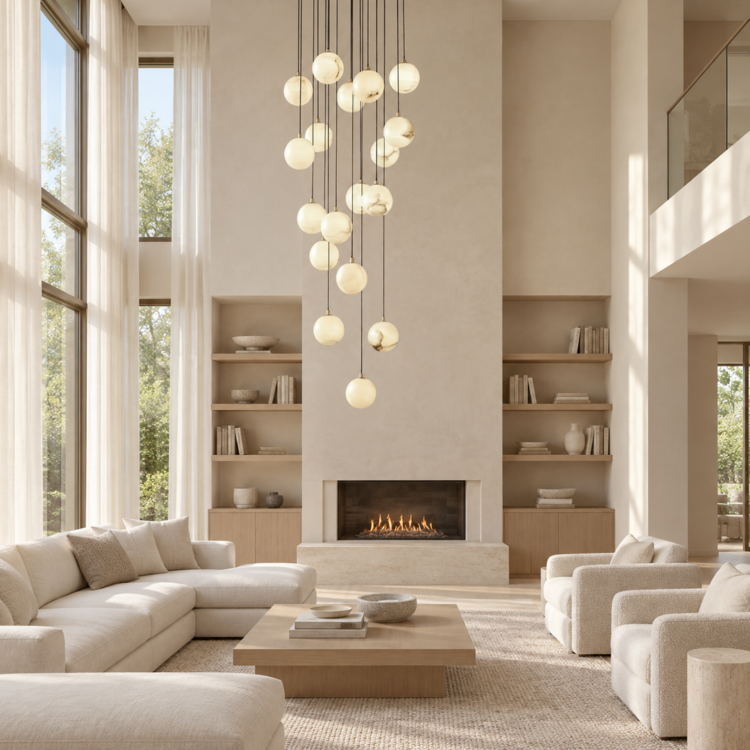 A modern multi-light pendant chandelier with numerous spherical glass globes hangs in a tall, bright contemporary living room with a fireplace, built-in shelves, and light beige furniture.