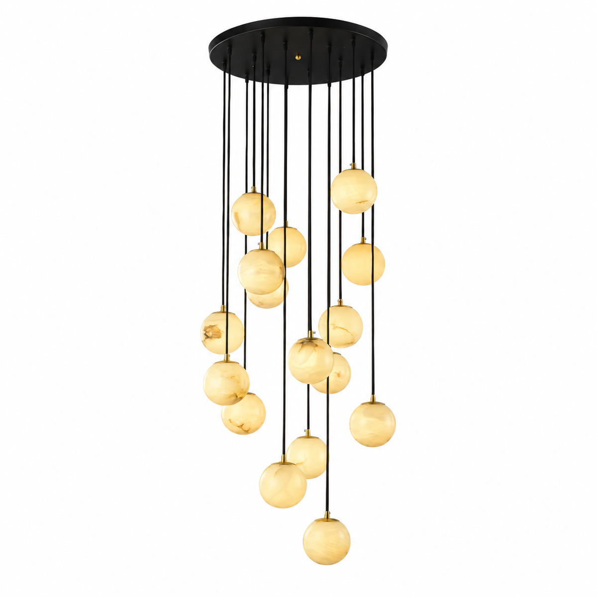 A modern multi-light chandelier with a circular black ceiling canopy and multiple hanging black cords suspending warm, pearlescent glass globes, shown on a plain white background.