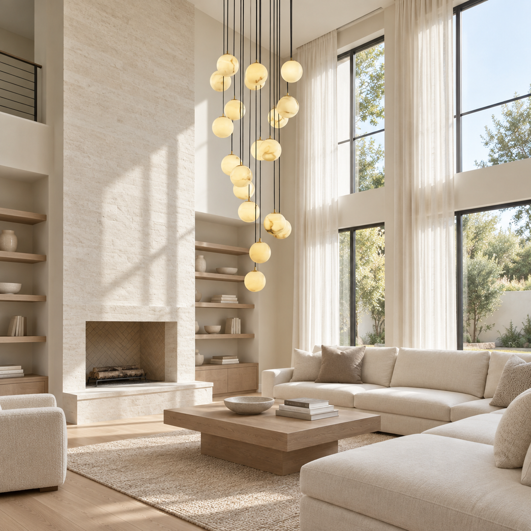 A modern living room with a large cluster pendant chandelier featuring multiple warm yellow glass globe lights hanging at staggered heights above a light wood coffee table and cream sectional sofa.