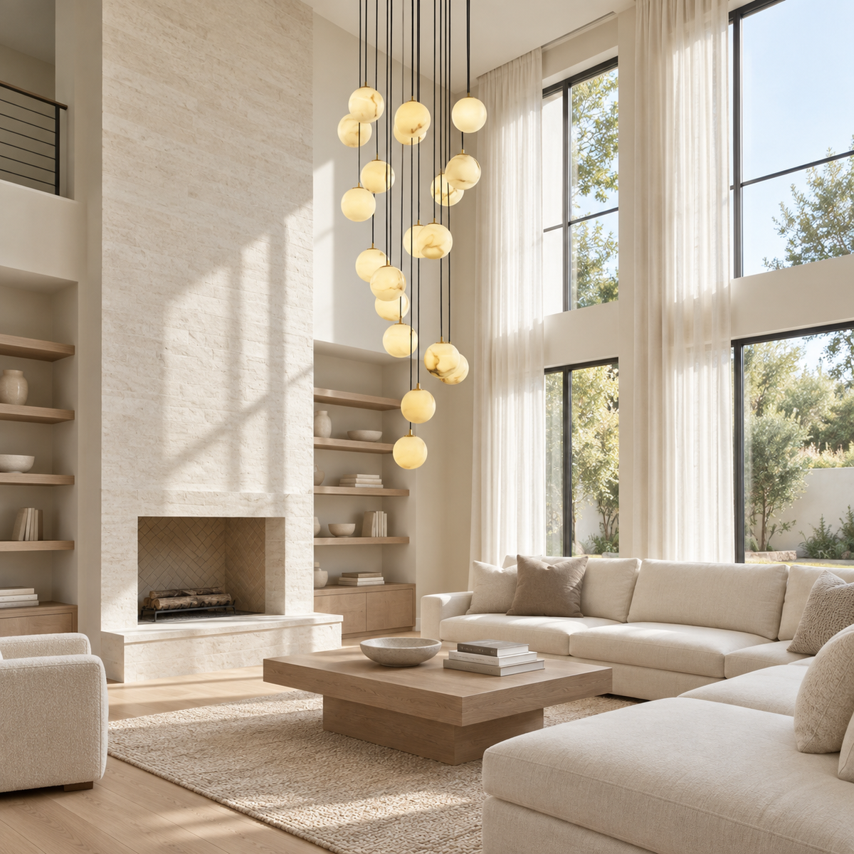 A modern living room with a large cluster pendant chandelier featuring multiple warm yellow glass globe lights hanging at staggered heights above a light wood coffee table and cream sectional sofa.