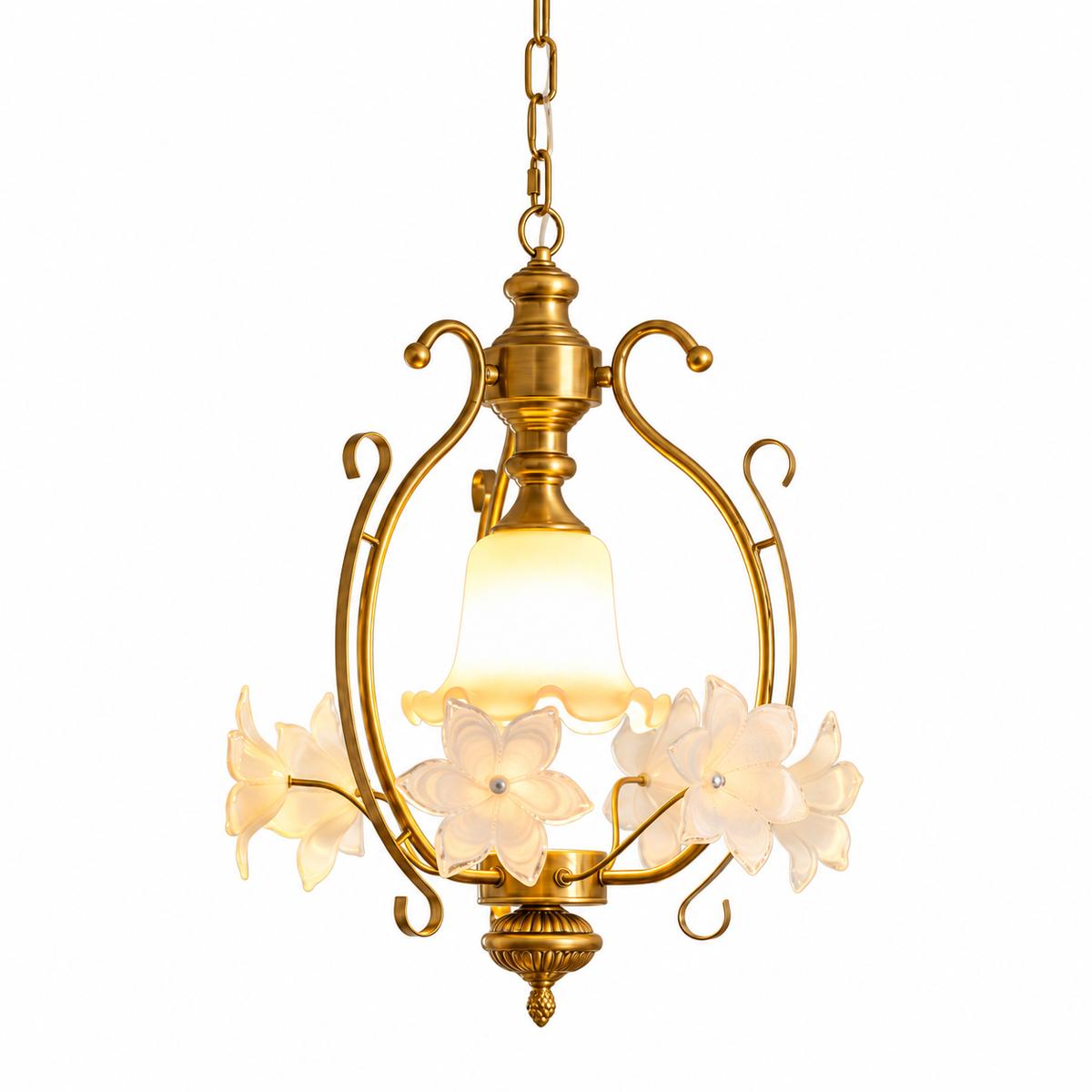 Gold-tone pendant light with a warm glowing bell shade and cream frosted glass flowers, against a white background.