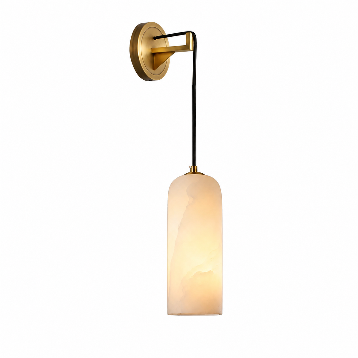 A modern wall-mounted sconce with a cylindrical frosted glass shade, a black hanging cord, and a circular wall plate in a brushed gold finish, shown against a solid white background.