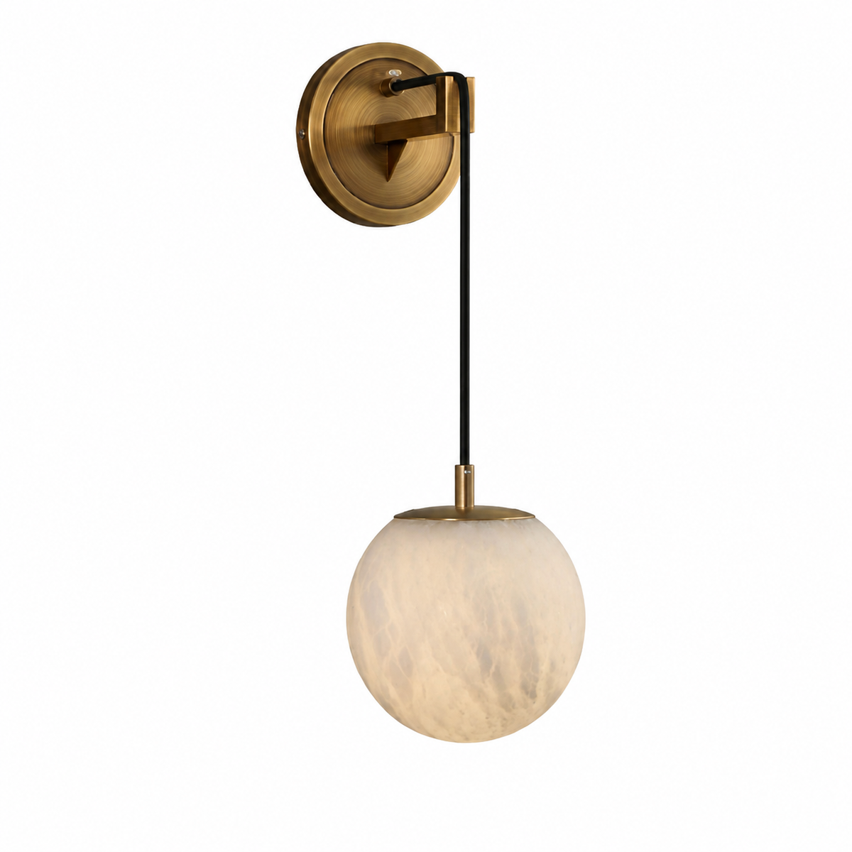 Wall pendant with a natural alabaster globe, black cord and round brass wall mount against a white background.