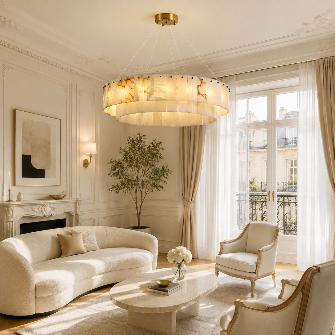 A luxury modern living room featuring a large circular chandelier with a textured gold and amber glass shade, suspended over a cream-colored curved sofa and marble coffee table.