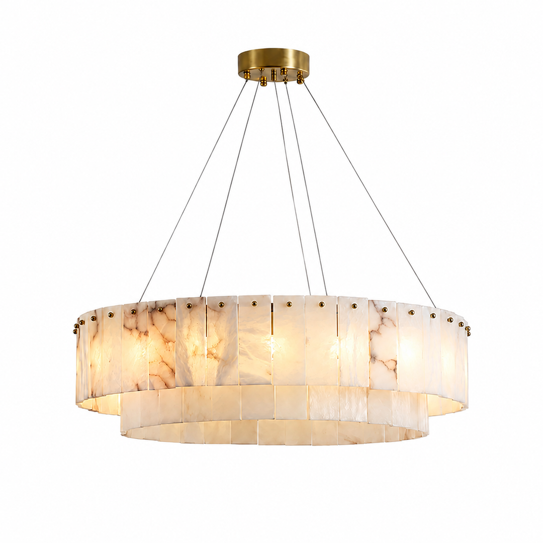 A modern two-tier circular chandelier with warm white and cream marble-look translucent panels and a brushed gold ceiling canopy and suspension hardware, shown against a plain white background.