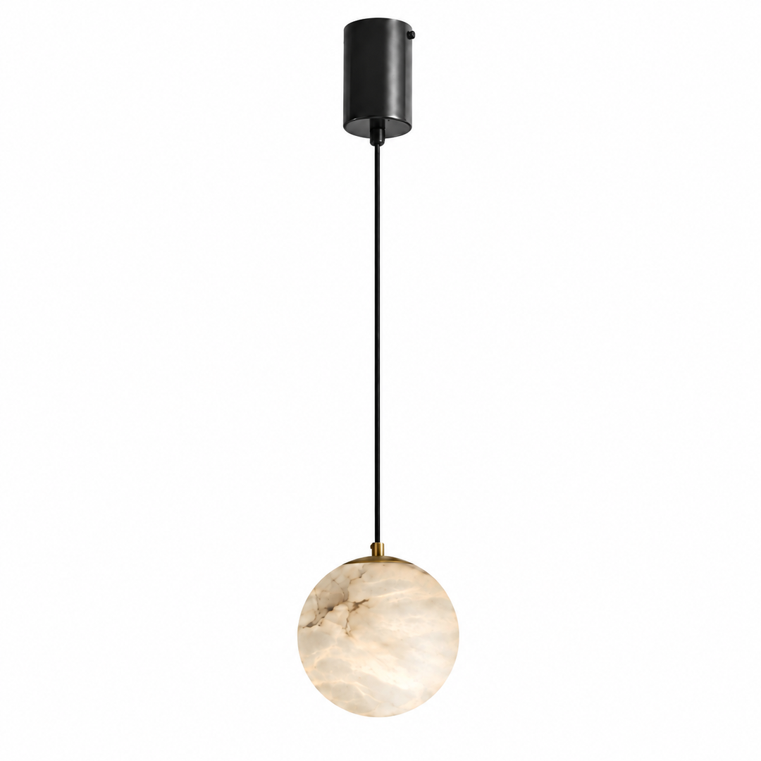 A modern pendant light with a cylindrical black ceiling canopy, a slim black cord, and a spherical marble shade in warm cream and beige tones with subtle gray veining, shown against a plain white background.