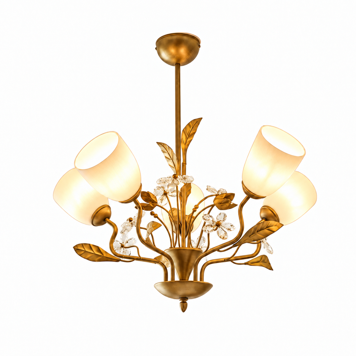 A five-light floral chandelier with a warm gold/brass-finished metal frame, featuring decorative leaves, clear crystal flowers, and five tapered off-white glass shades, shown against a plain white background.