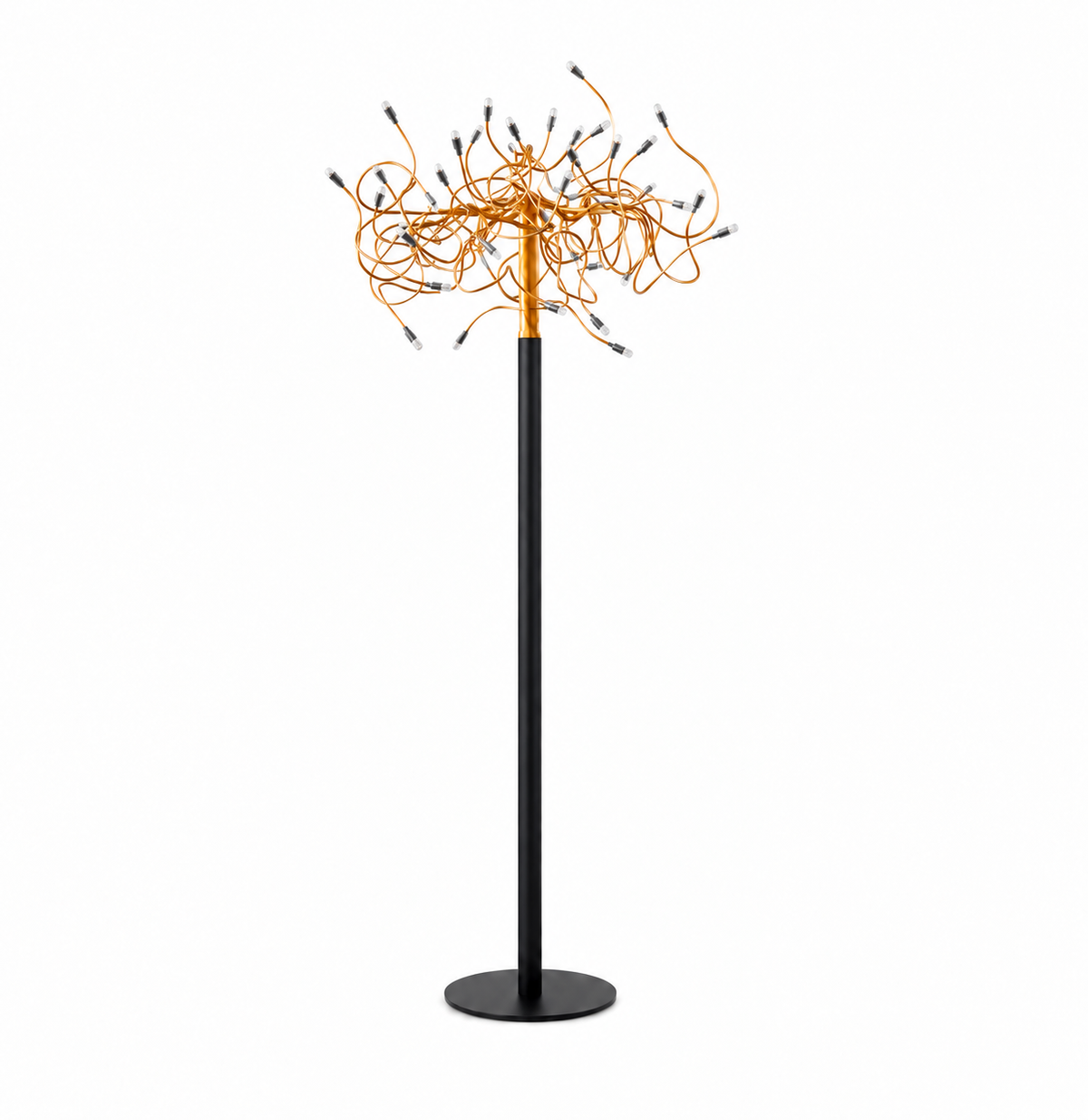 A modern floor lamp with a slim black pole, round base, and a cluster of tangled orange wire-like elements at the top, each ending in small black and silver bulb tips, shown on a plain white background.
