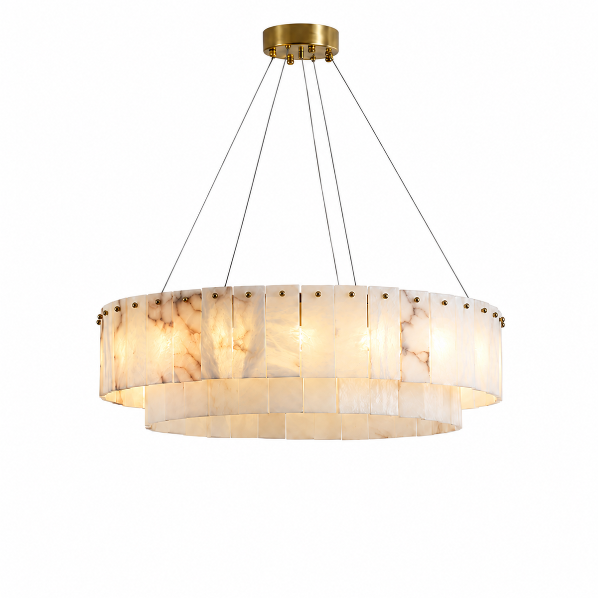 A modern two-tier circular pendant chandelier with a brushed gold ceiling canopy and suspension wires, featuring vertical translucent shell-like shades with a warm marbled pattern, shown against a plain white background.