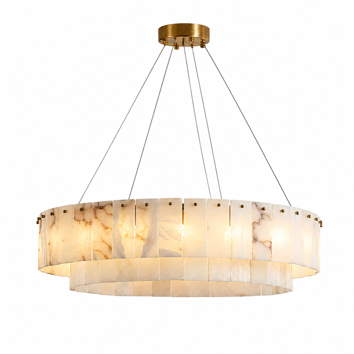 A modern two-tier circular chandelier with warm white marble-look panels and a brushed gold ceiling canopy, suspended by thin cables against a plain white background.